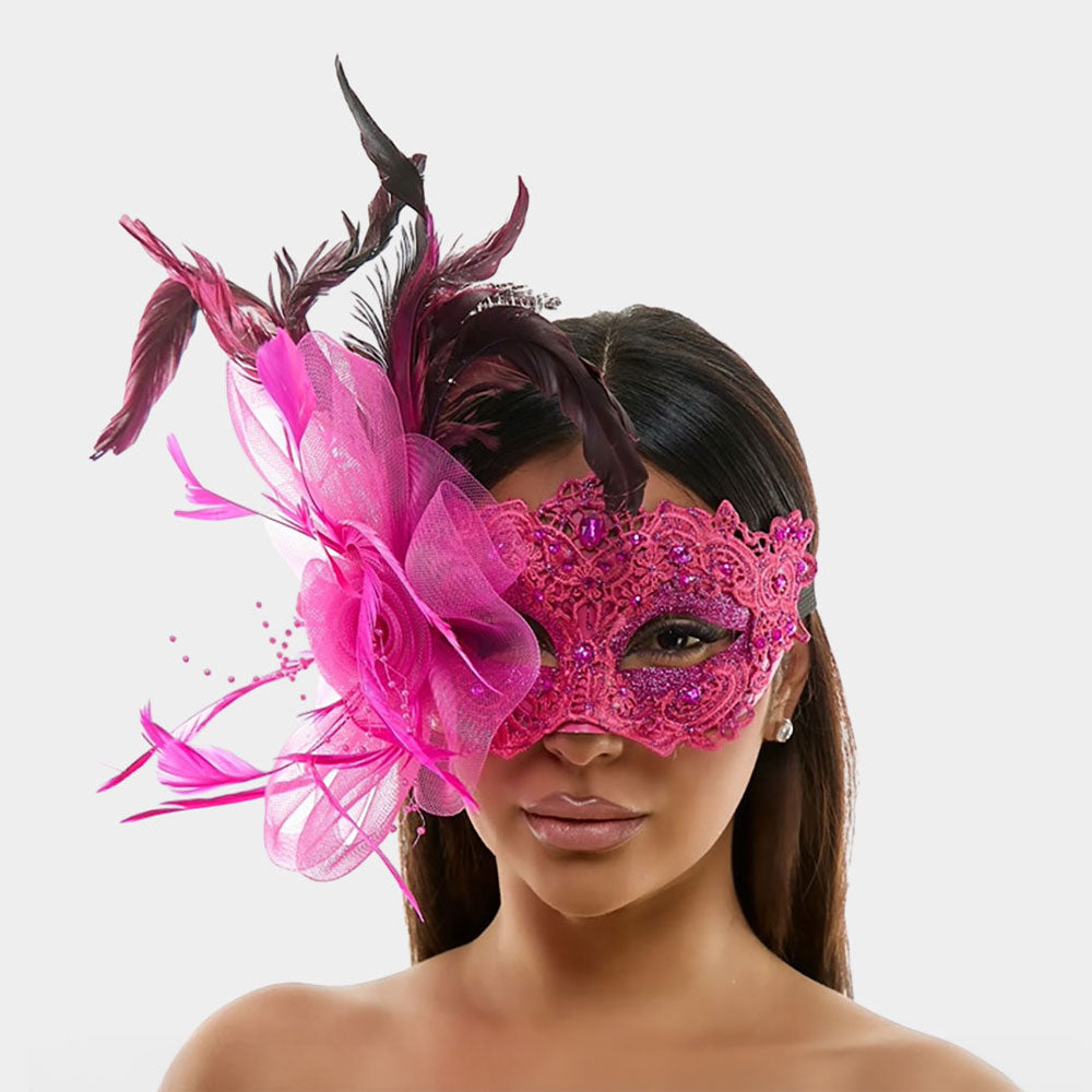 Feather Flower Embellishment Lace Masquerade Halloween Party Mask by Madeline Love