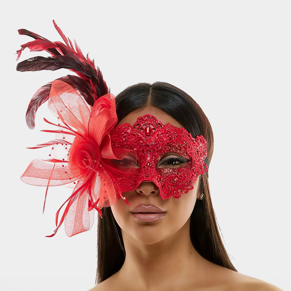 Feather Flower Embellishment Lace Masquerade Halloween Party Mask by Madeline Love