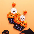 Felt Back Halloween Theme Skull Cupcake Beaded Dangle Earrings by Madeline Love