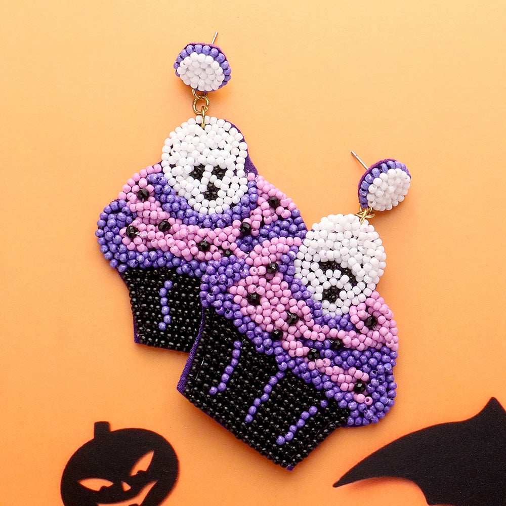 Felt Back Halloween Theme Skull Cupcake Beaded Dangle Earrings by Madeline Love