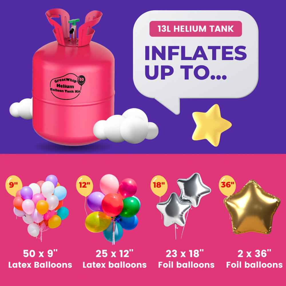 3.43gal Helium Tank   50pcs Balloons for Balloon At Home, GreatWhip Helium Balloon Pump Kit with Latex Balloons, White Curling Ribbon, for Christmas Birthday Wedding Party Decoration