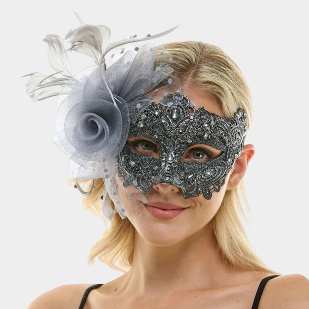 Floral Lace Feather Tulle Masquerade Halloween Mask by Madeline Love