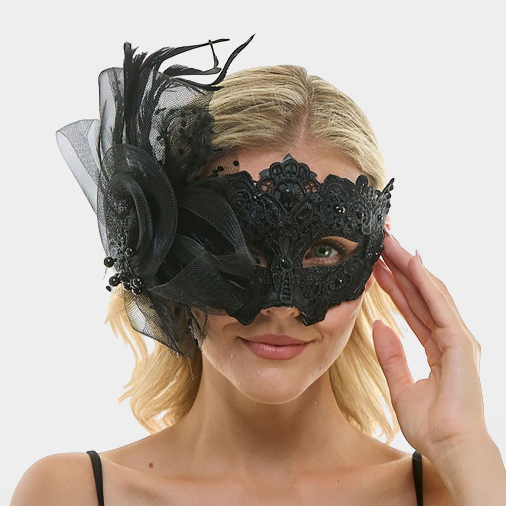 Floral Tulle Feather Lace Masquerade Halloween Party Mask by Madeline Love