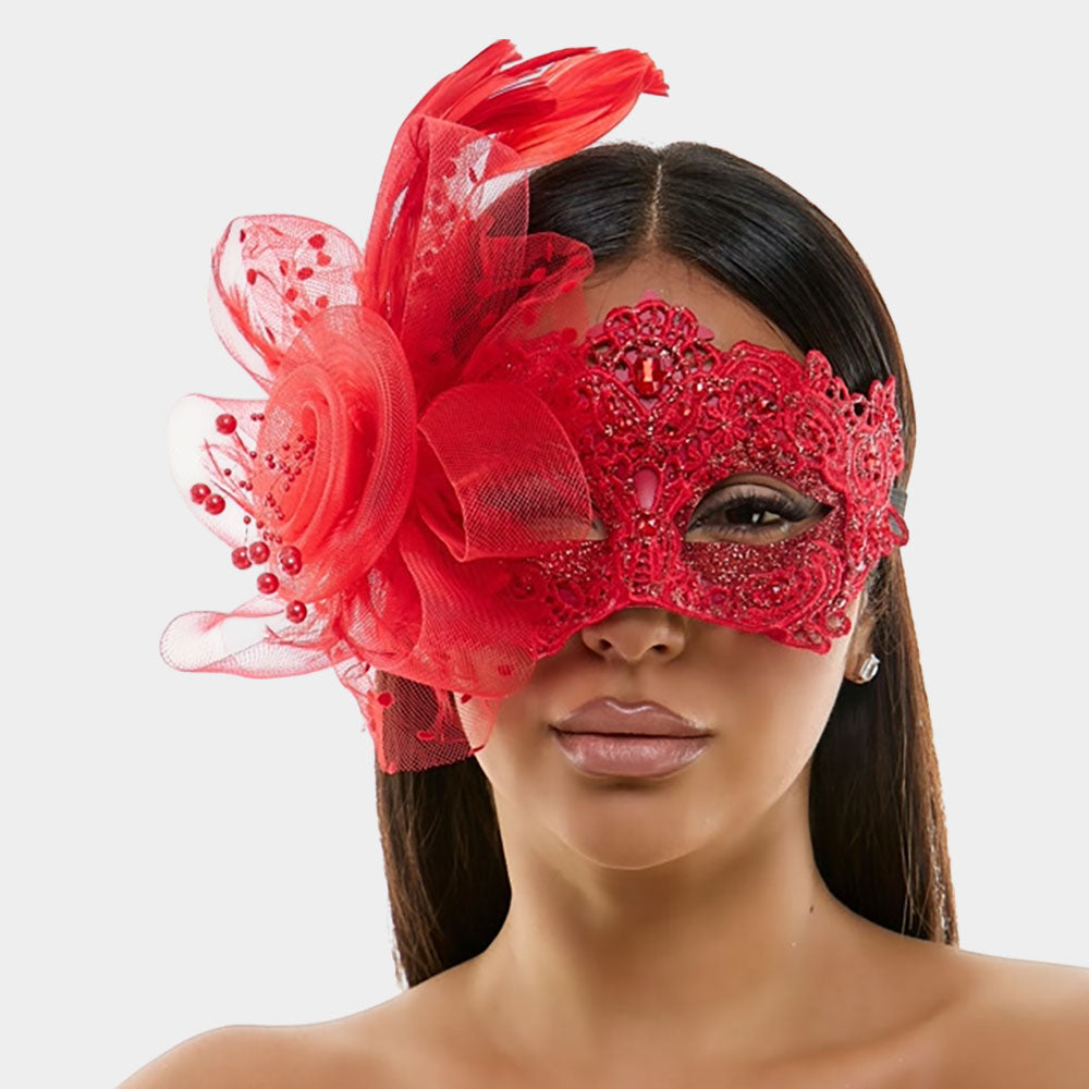 Floral Tulle Feather Lace Masquerade Halloween Party Mask by Madeline Love