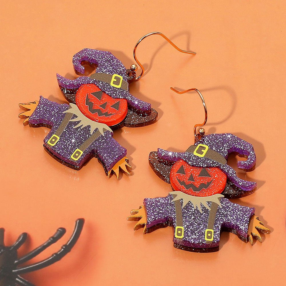 Glittered Resin Scarecrow Halloween Pumpkin Dangle Earrings by Madeline Love