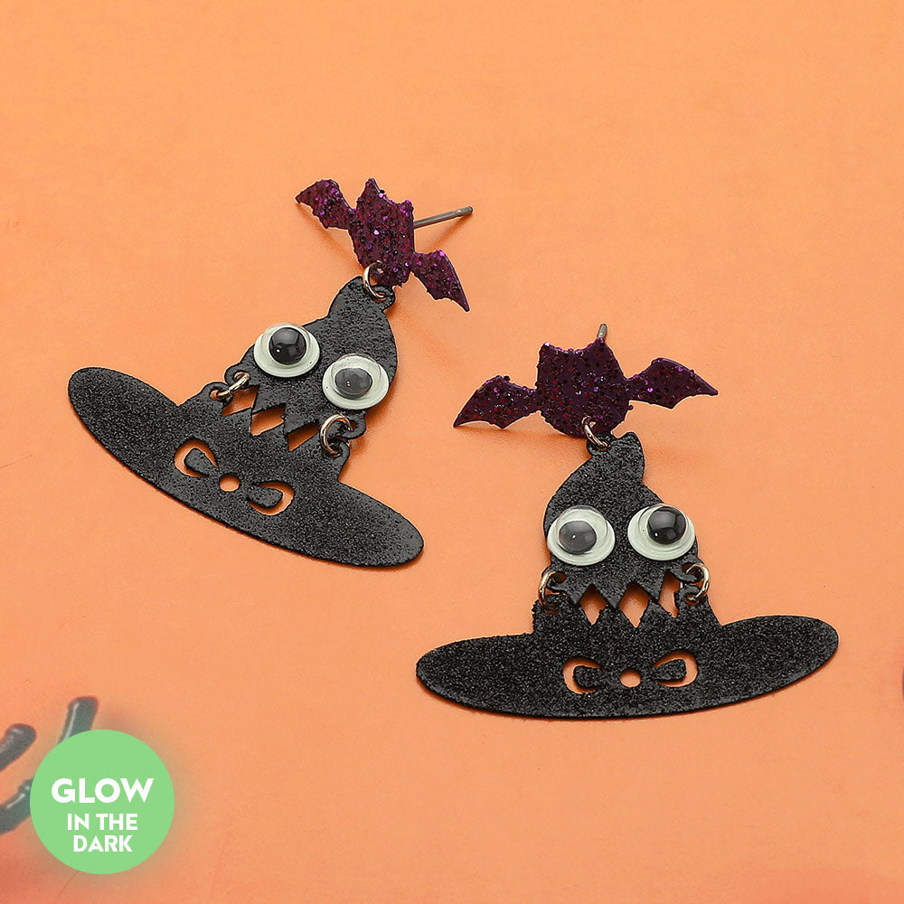 GLOW IN THE DARK Halloween Bat Witch Hat Dangle Earrings by Madeline Love