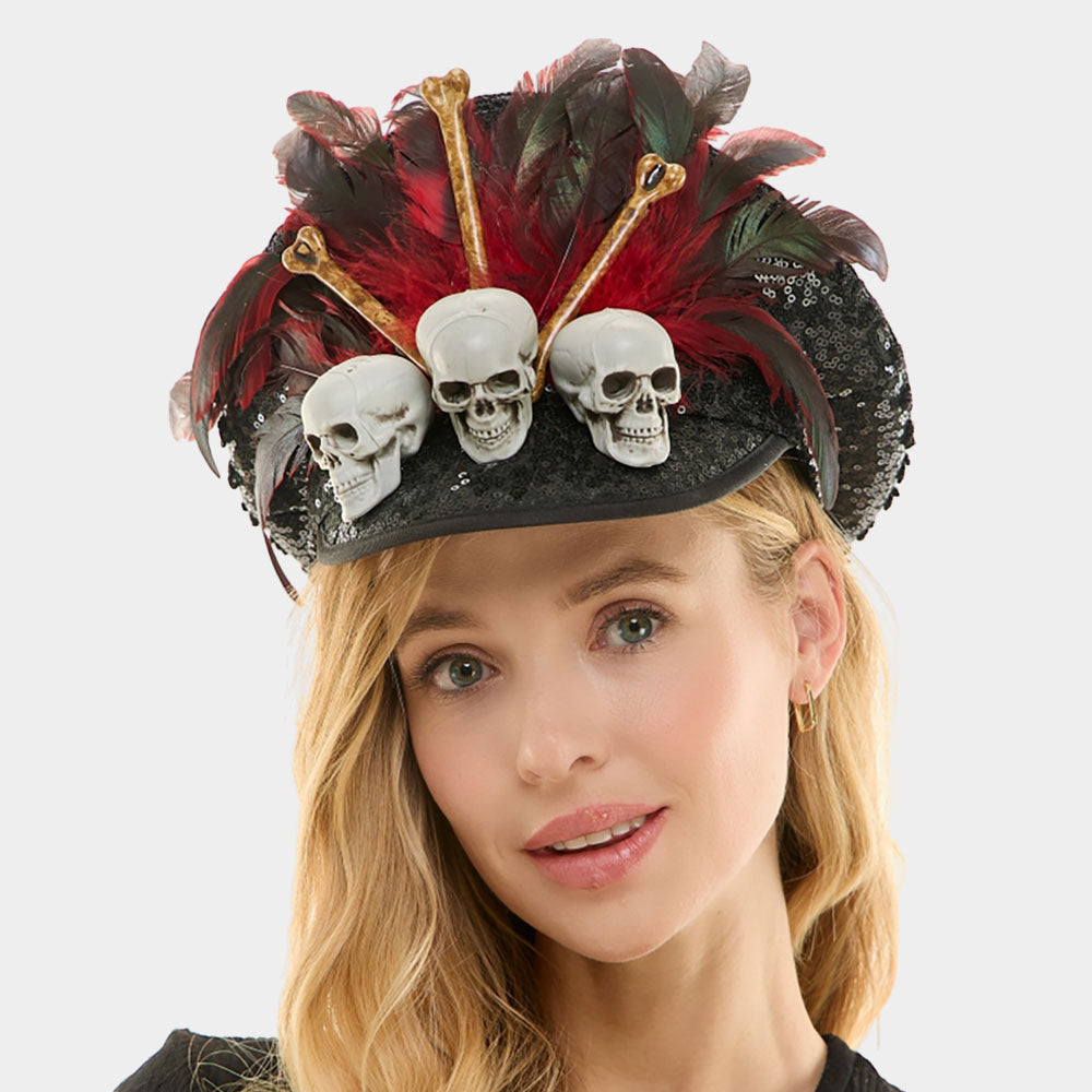 Gothic Skull Bone Feather Embellished Halloween Costume Hat by Madeline Love