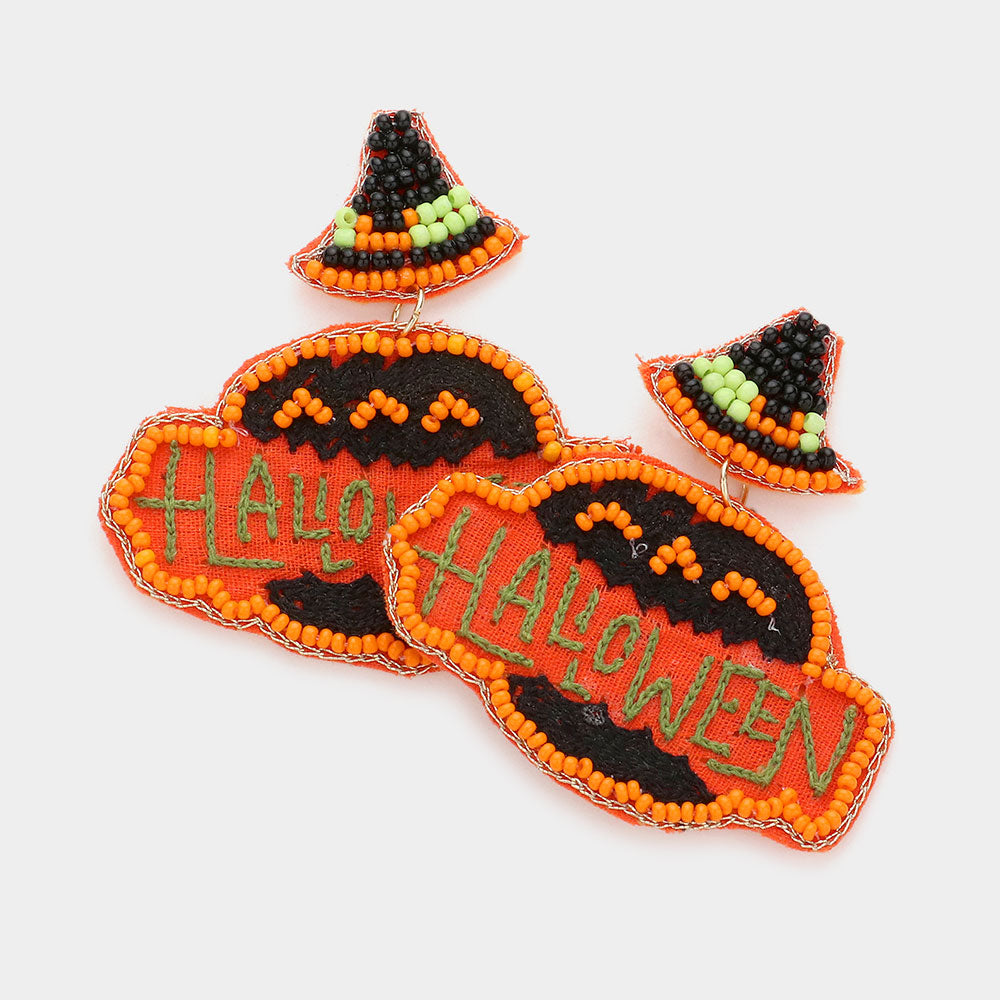 Halloween Message Felt Back Seed Beaded Witch Hat Pumpkin Link Dangle Earrings by Madeline Love