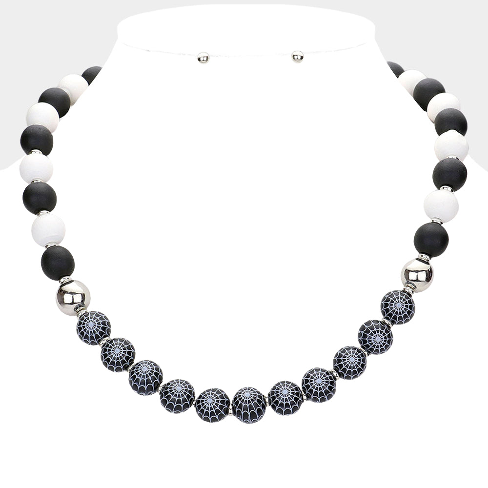 Halloween Spider Web Accented Wood Beaded Necklace by Madeline Love