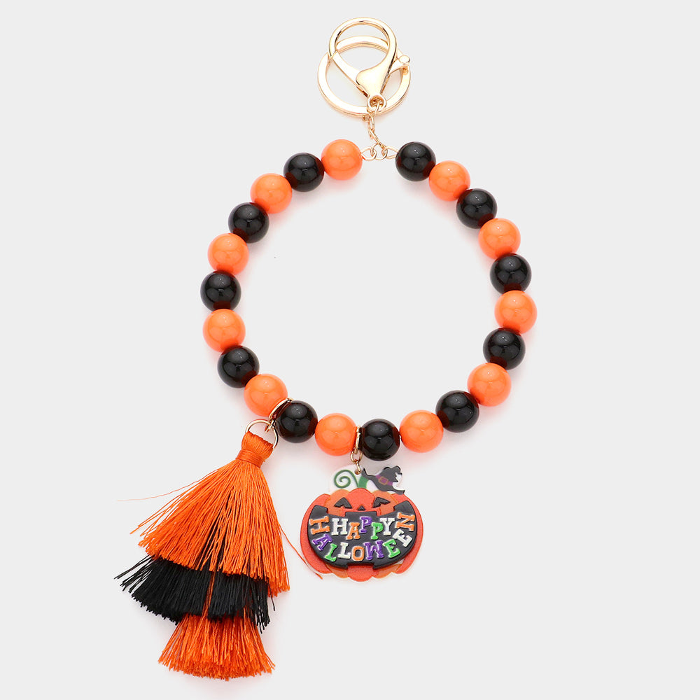 Happy Halloween Message Pumpkin Tassel Charm Beaded Keychain / Bracelet by Madeline Love