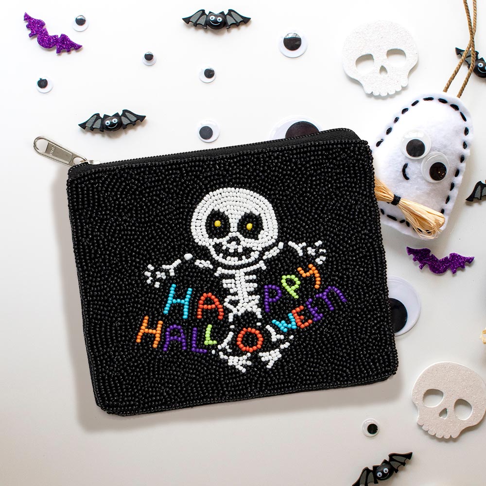 Happy Halloween Message Skull Seed Beaded Halloween Mini Pouch Bag by Madeline Love
