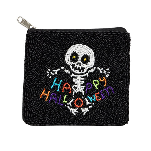 Happy Halloween Message Skull Seed Beaded Mini Pouch Bag by Madeline Love