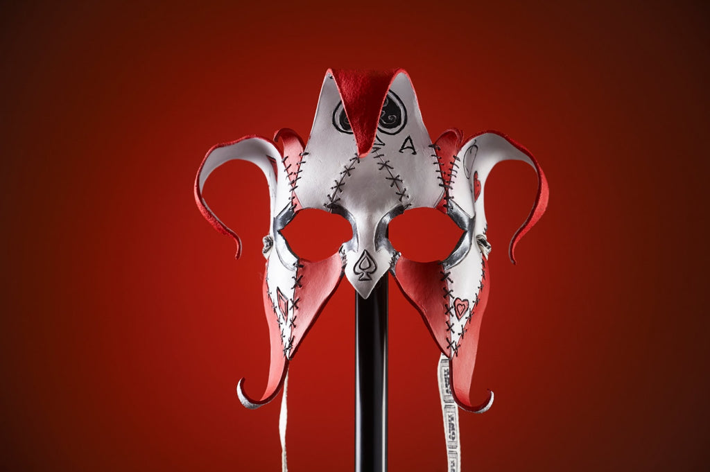 The Joker's Card-Joker Jester Handmade Genuine Leather Mask in Red by Rockwell Masks