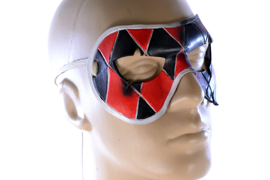Two Face Harlequin Handmade Genuine Leather Mask in Red by Rockwell Masks