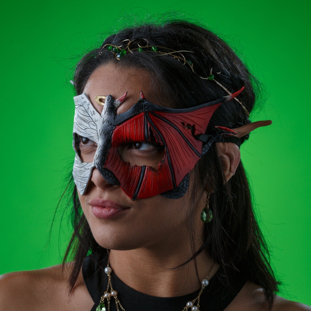 Angel Devil Handmade Genuine Leather Mask in Red and White for Masquerades Halloween or Cosplay- Good vs. Evil by Rockwell Masks