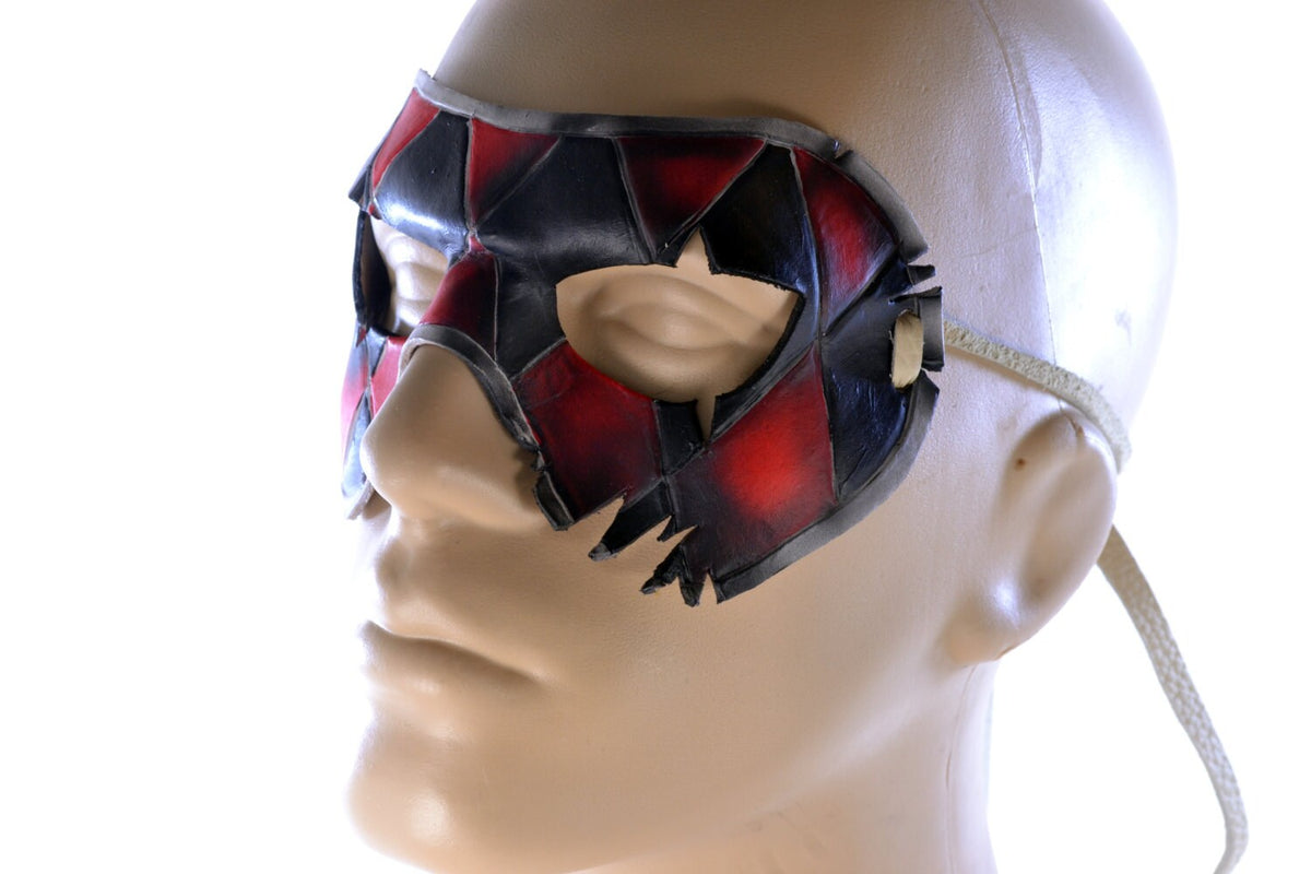Two Face Harlequin Handmade Genuine Leather Mask in Red by Rockwell Masks