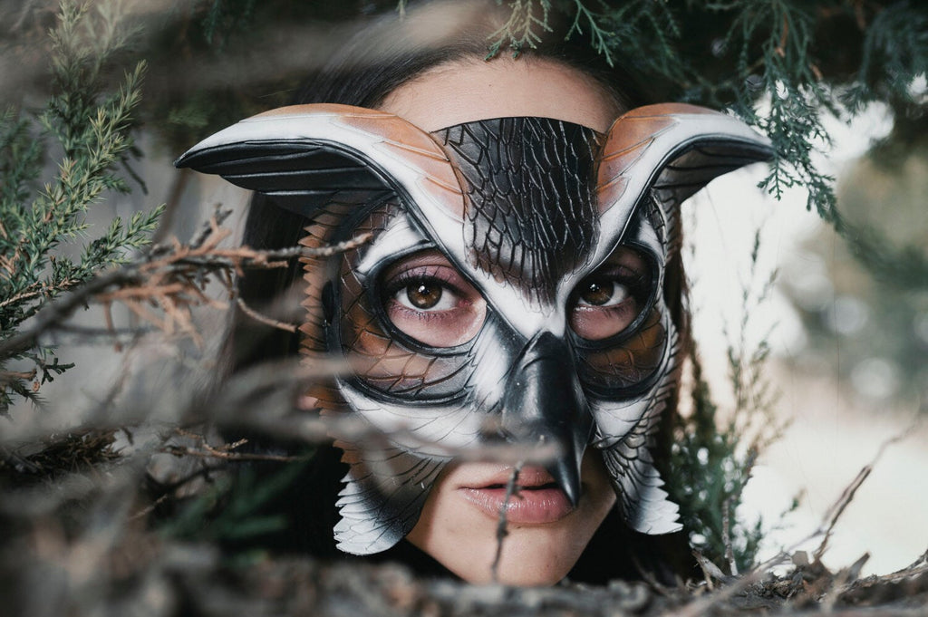 In Stock - Horned Owl Handmade Genuine Leather Mask by Rockwell Masks