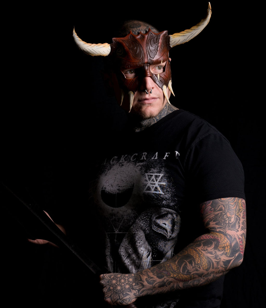 Handmade Genuine Leather Mask with Horns in Natural Colors - The Horned Beast by Rockwell Masks