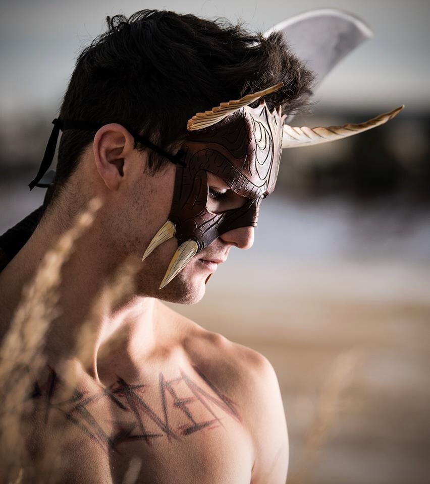 Handmade Genuine Leather Mask with Horns in Natural Colors - The Horned Beast by Rockwell Masks