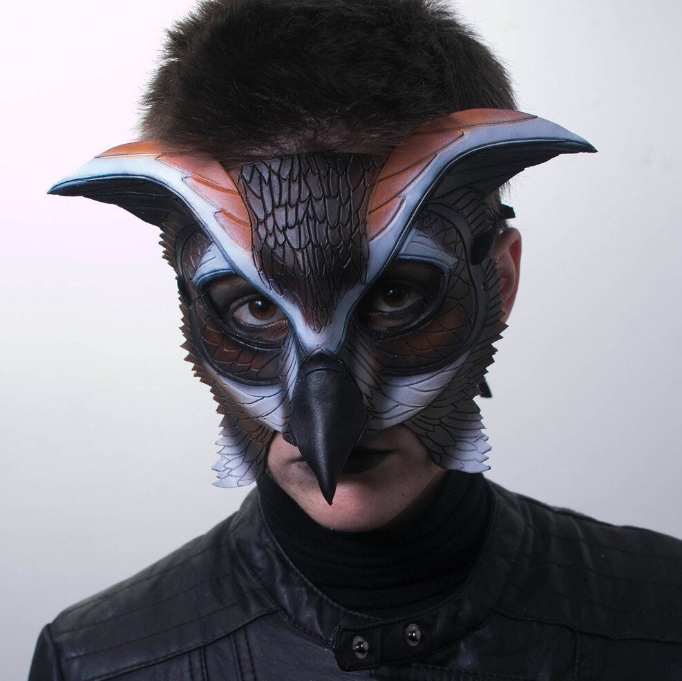 In Stock - Horned Owl Handmade Genuine Leather Mask by Rockwell Masks