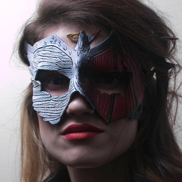 Angel Devil Handmade Genuine Leather Mask in Red and White for Masquerades Halloween or Cosplay- Good vs. Evil by Rockwell Masks