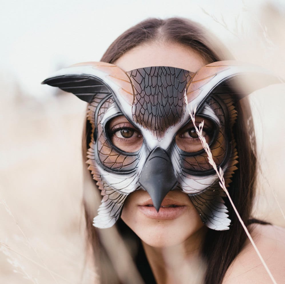 In Stock - Horned Owl Handmade Genuine Leather Mask by Rockwell Masks