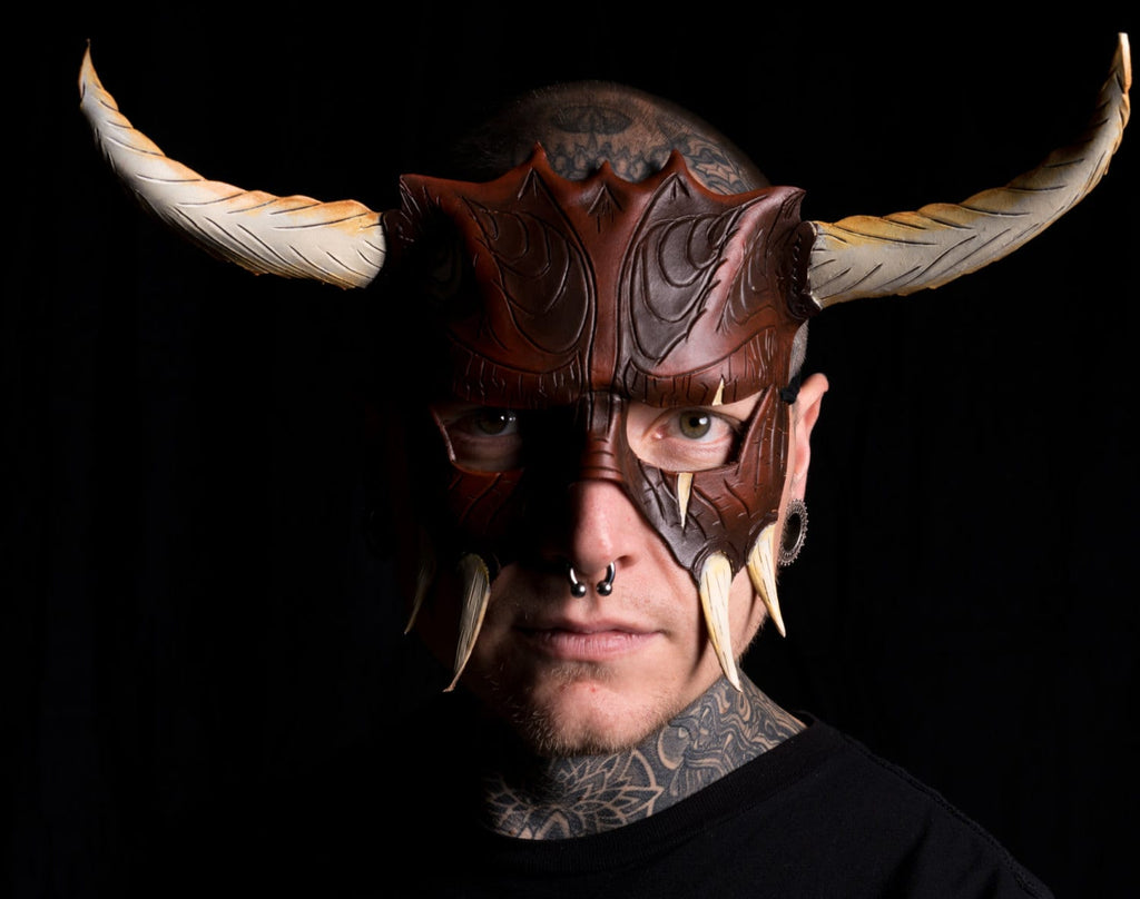 Handmade Genuine Leather Mask with Horns in Natural Colors - The Horned Beast by Rockwell Masks