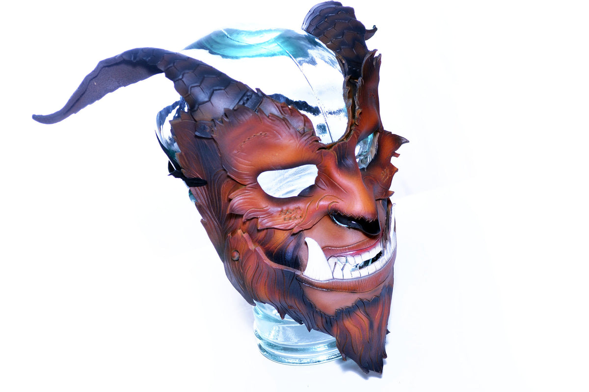 The Beast - Handmade Genuine Leather Mask with Horns in Natural Colors by Rockwell Masks