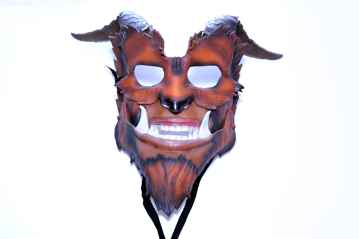 The Beast - Handmade Genuine Leather Mask with Horns in Natural Colors by Rockwell Masks