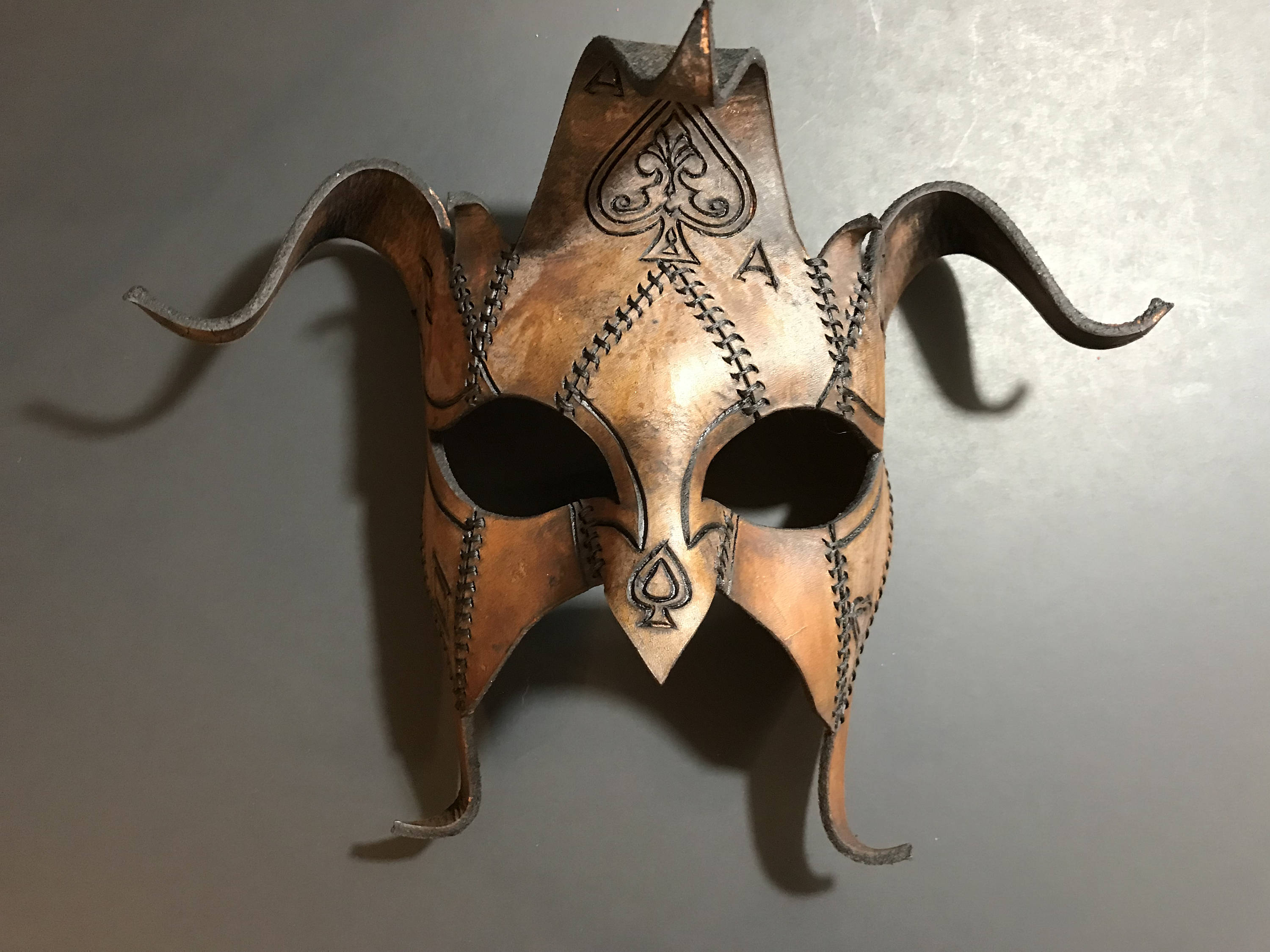 The Joker's Card- Joker Jester Handmade Genuine Leather Mask in Dyed Leather by Rockwell Masks
