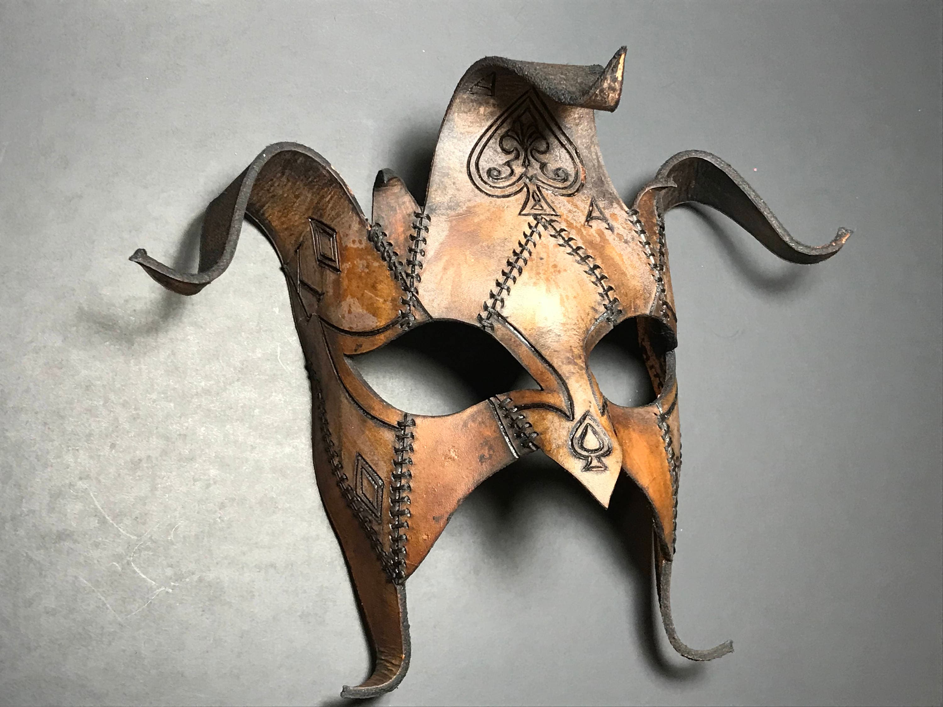 The Joker's Card- Joker Jester Handmade Genuine Leather Mask in Dyed Leather by Rockwell Masks