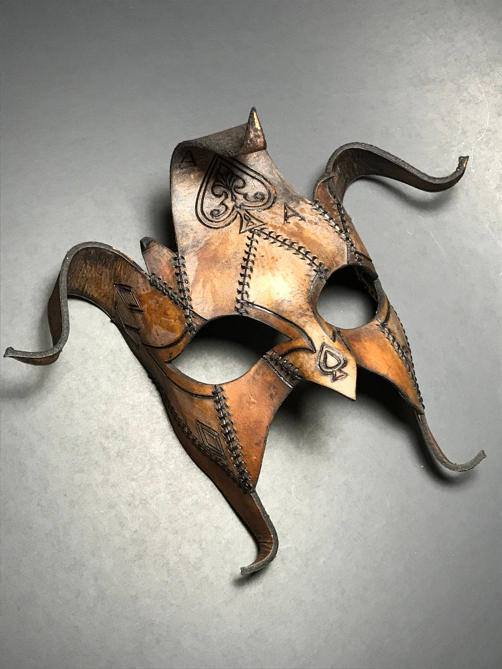 The Joker's Card- Joker Jester Handmade Genuine Leather Mask in Dyed Leather by Rockwell Masks