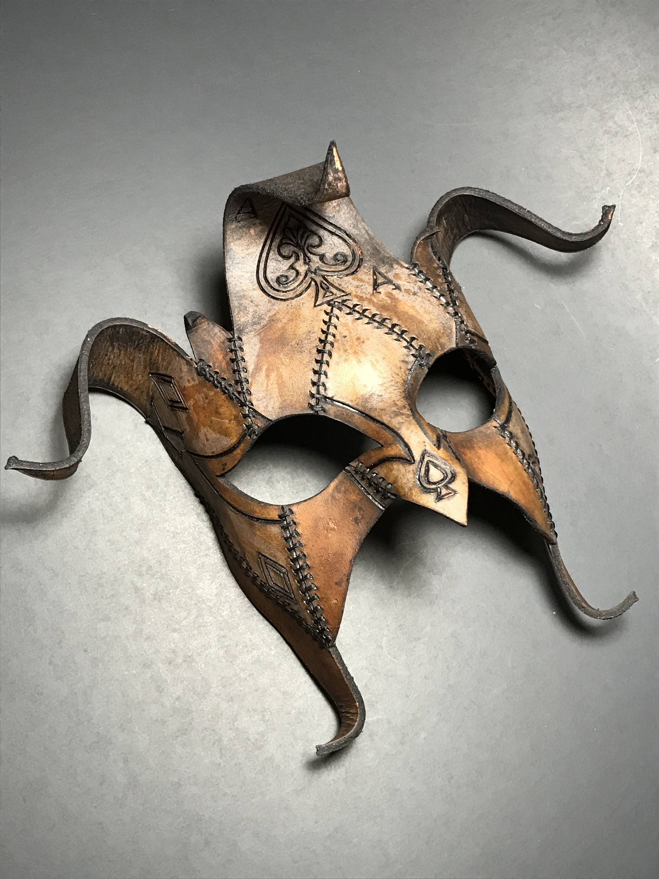 The Joker's Card- Joker Jester Handmade Genuine Leather Mask in Dyed Leather by Rockwell Masks