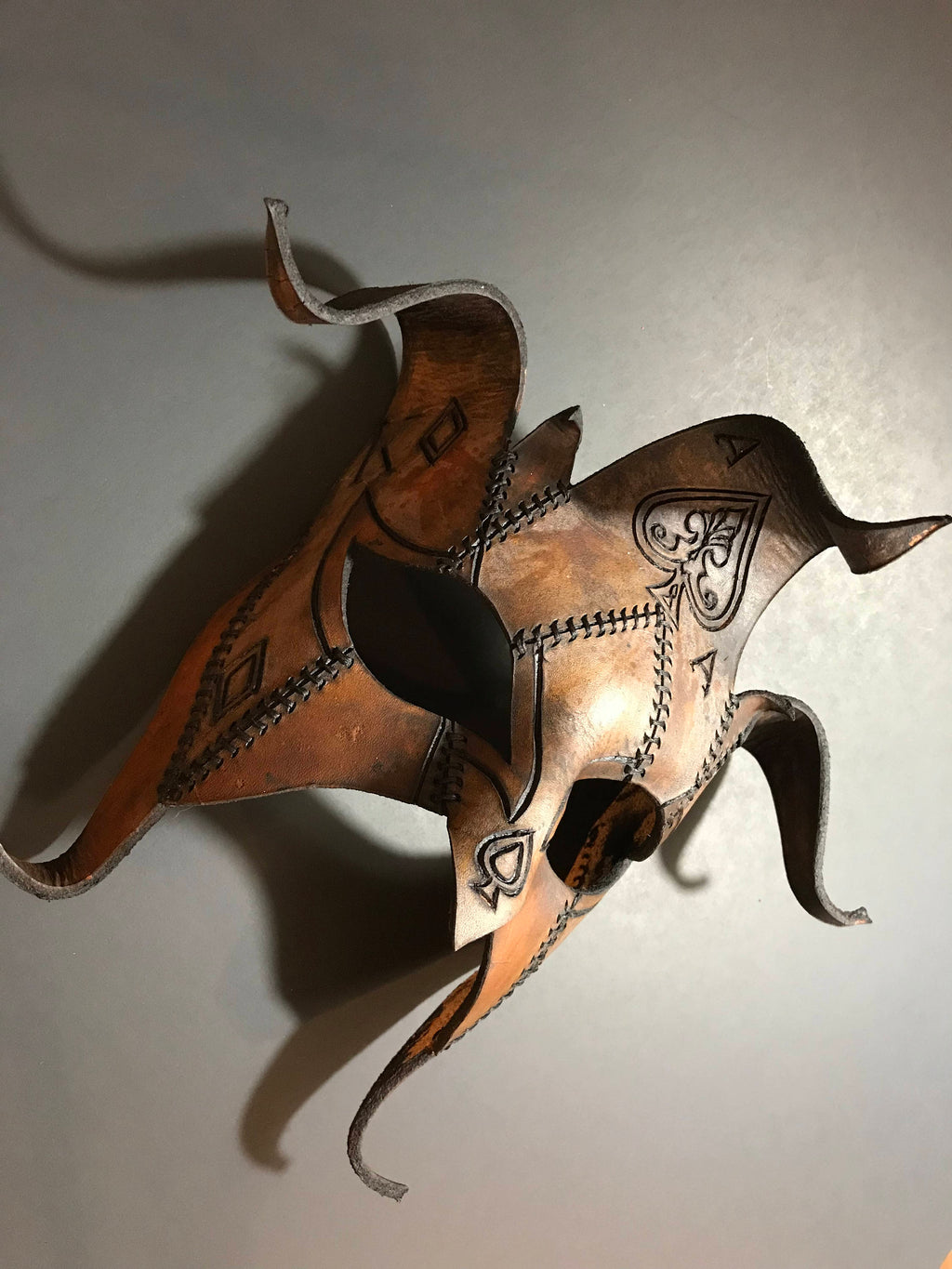 The Joker's Card- Joker Jester Handmade Genuine Leather Mask in Dyed Leather by Rockwell Masks