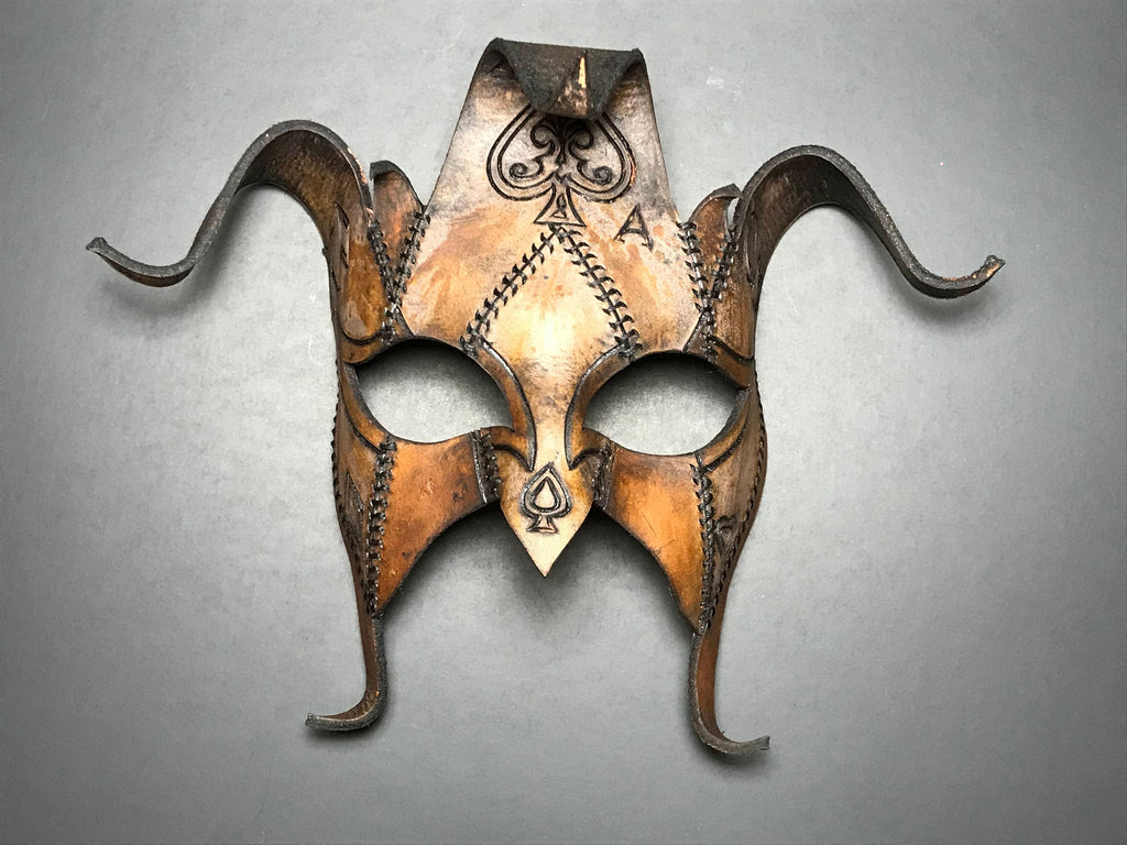 The Joker's Card- Joker Jester Handmade Genuine Leather Mask in Dyed Leather by Rockwell Masks