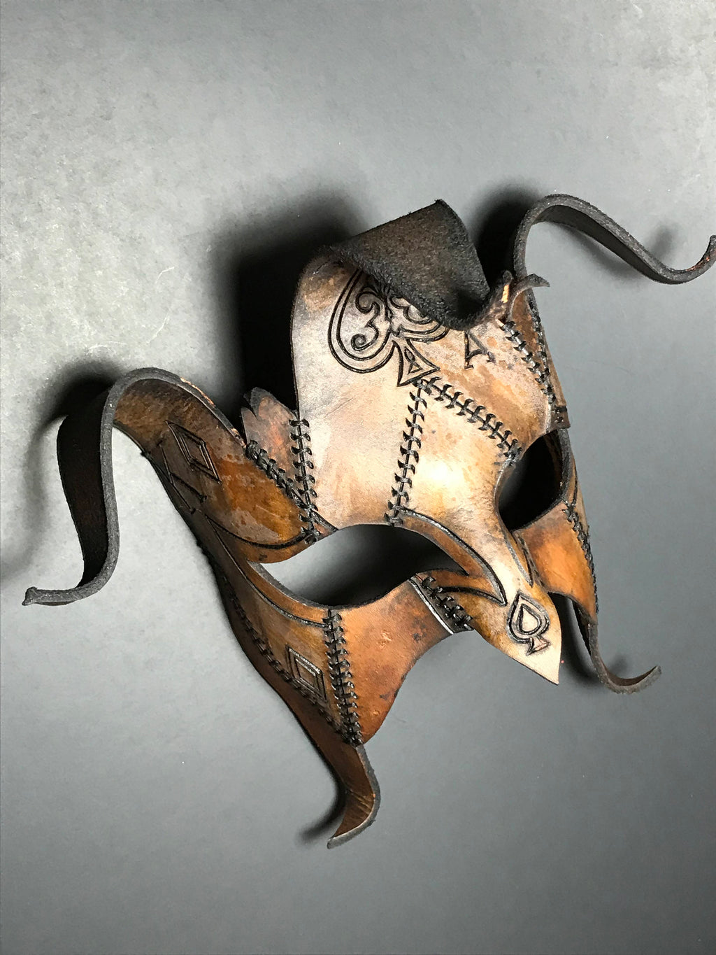 The Joker's Card- Joker Jester Handmade Genuine Leather Mask in Dyed Leather by Rockwell Masks