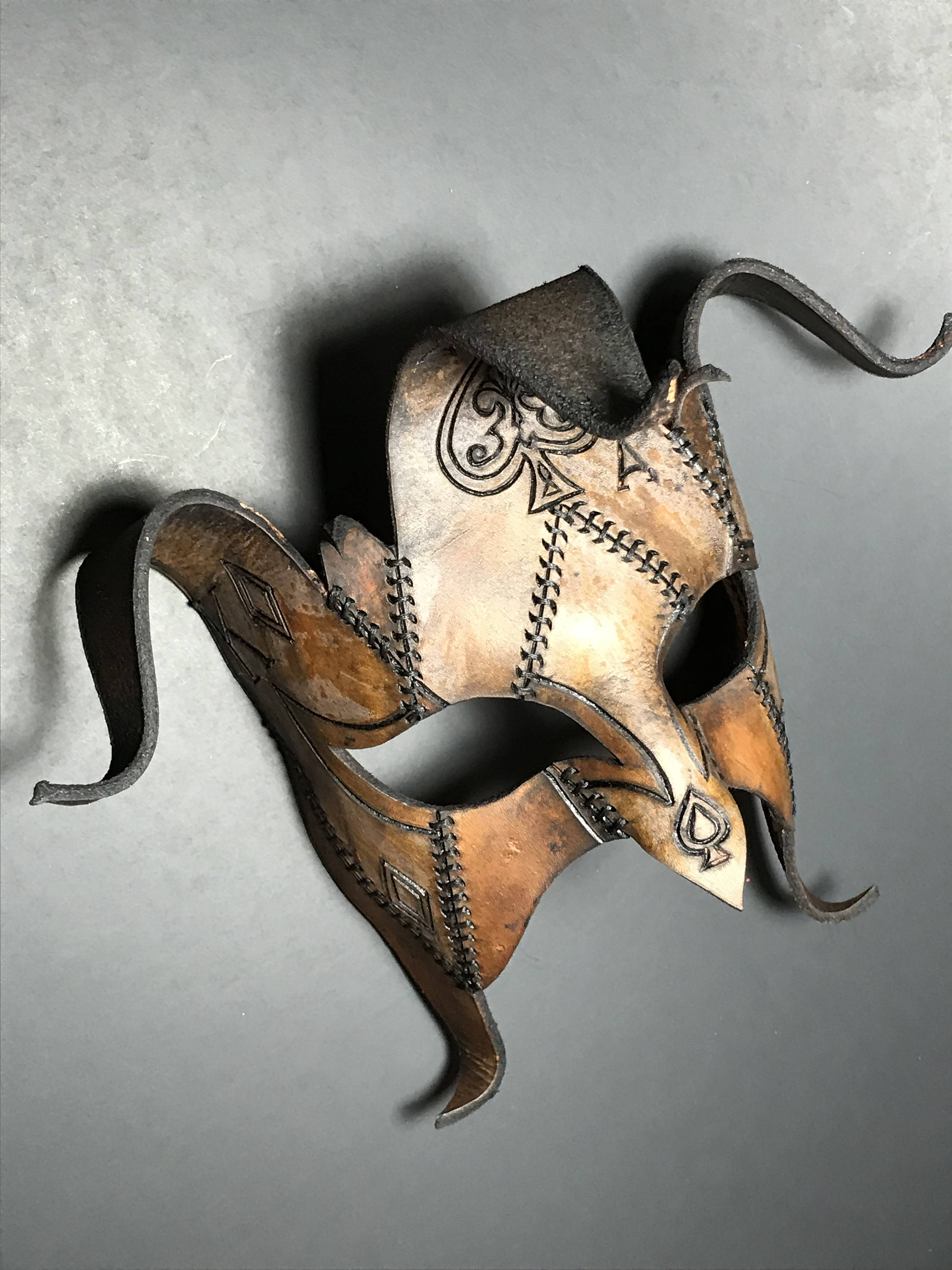 The Joker's Card- Joker Jester Handmade Genuine Leather Mask in Dyed Leather by Rockwell Masks