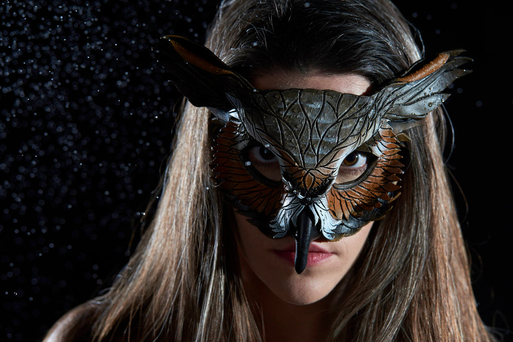 Layered Horned Owl Handmade Genuine Leather Mask by Rockwell Masks
