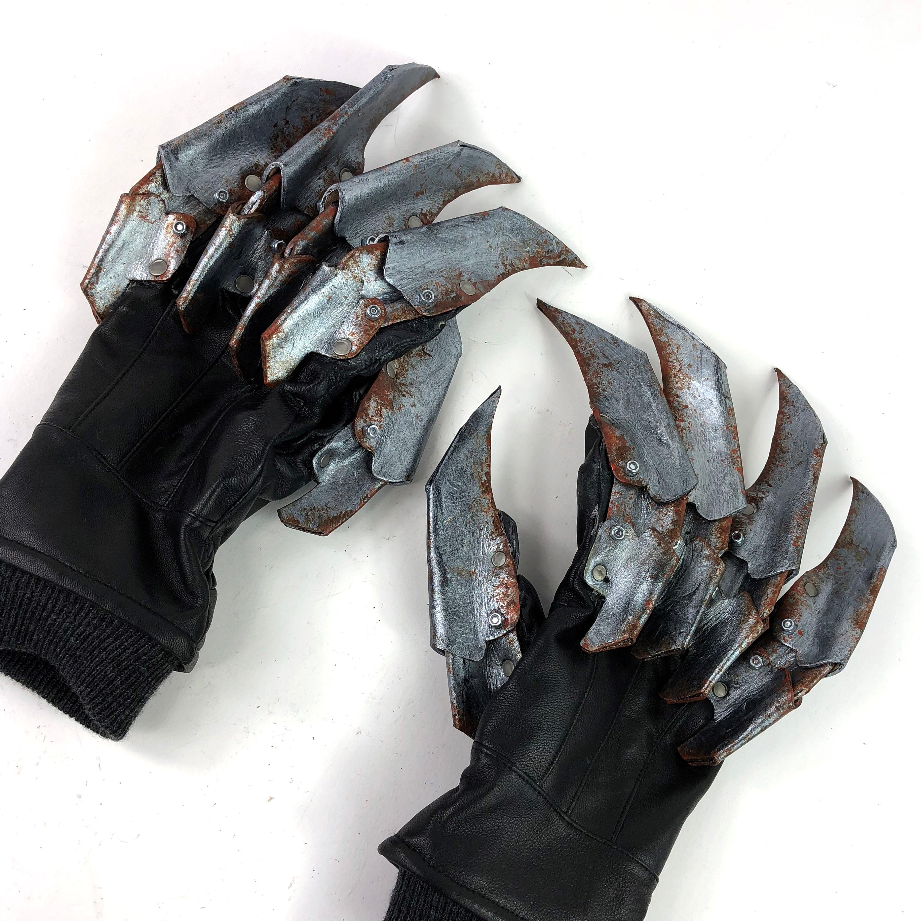 One Set of Two Handcrafted Genuine Leather Gloves with Claws in Rusted Metal Paint by Rockwell Masks