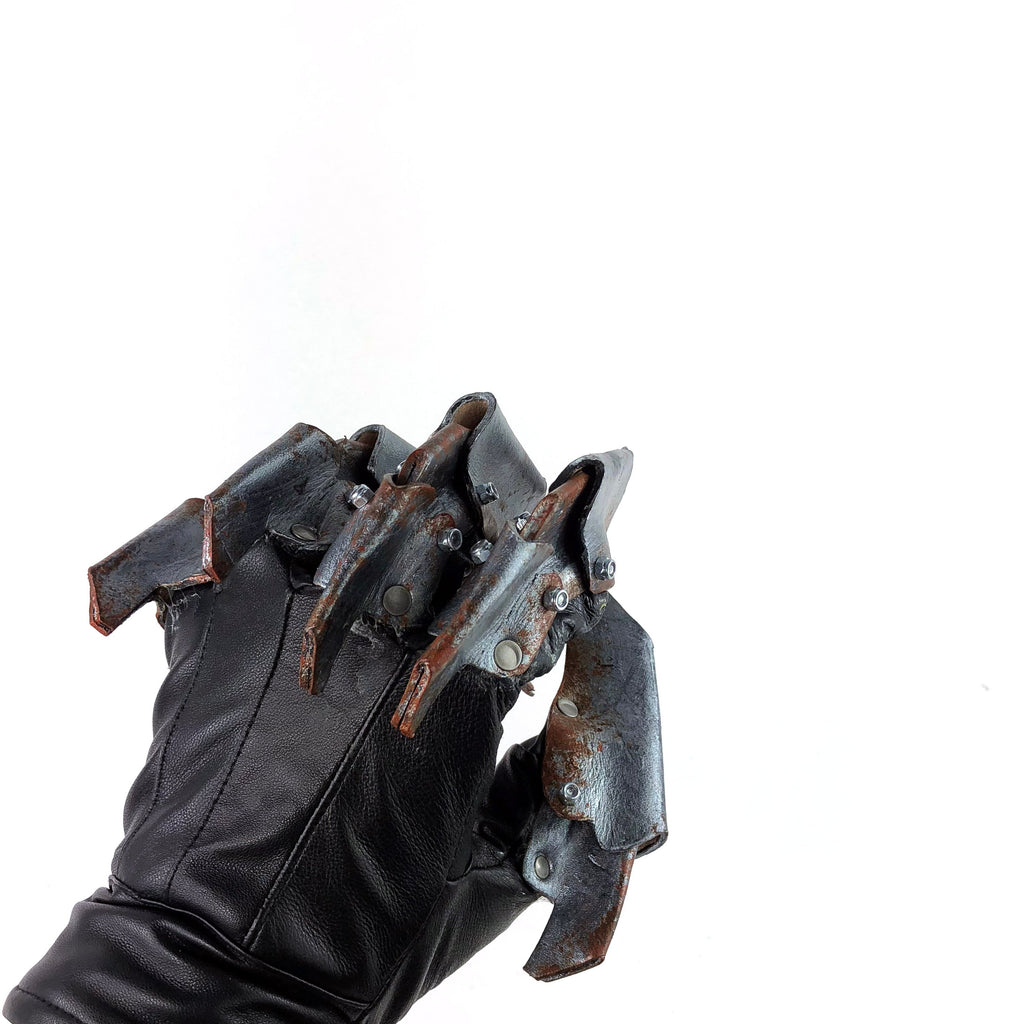 One Set of Two Handcrafted Genuine Leather Gloves with Claws in Rusted Metal Paint by Rockwell Masks