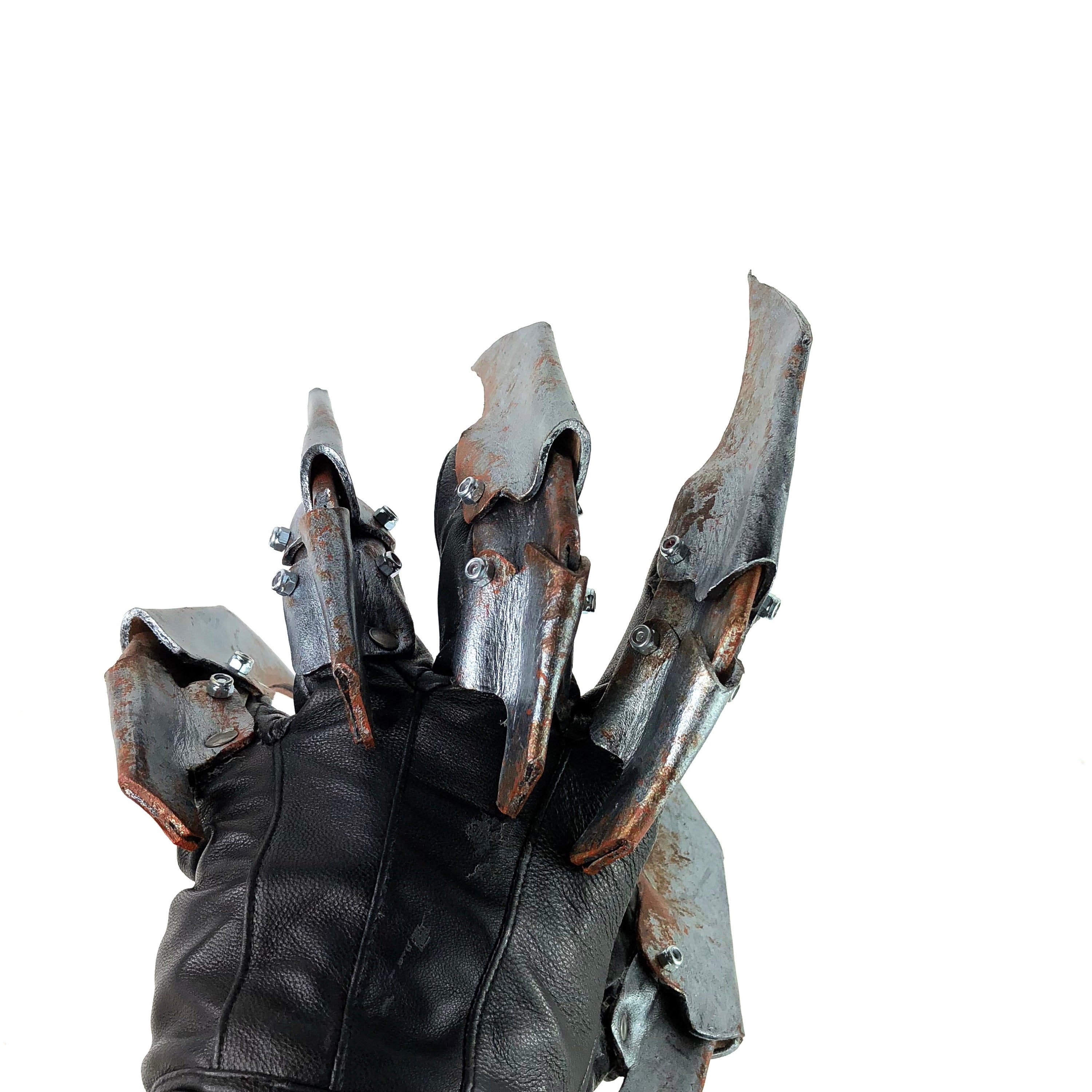 One Set of Two Handcrafted Genuine Leather Gloves with Claws in Rusted Metal Paint by Rockwell Masks