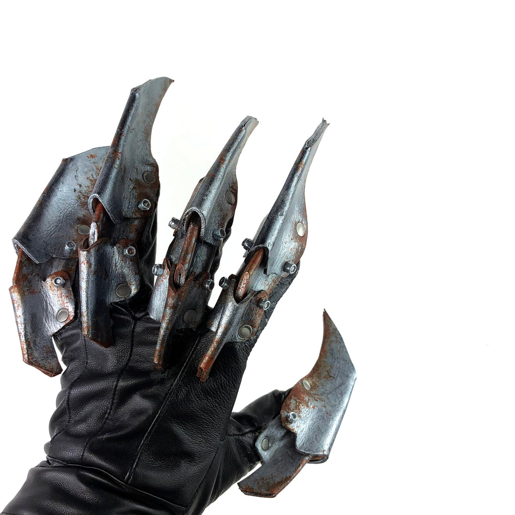 One Set of Two Handcrafted Genuine Leather Gloves with Claws in Rusted Metal Paint by Rockwell Masks