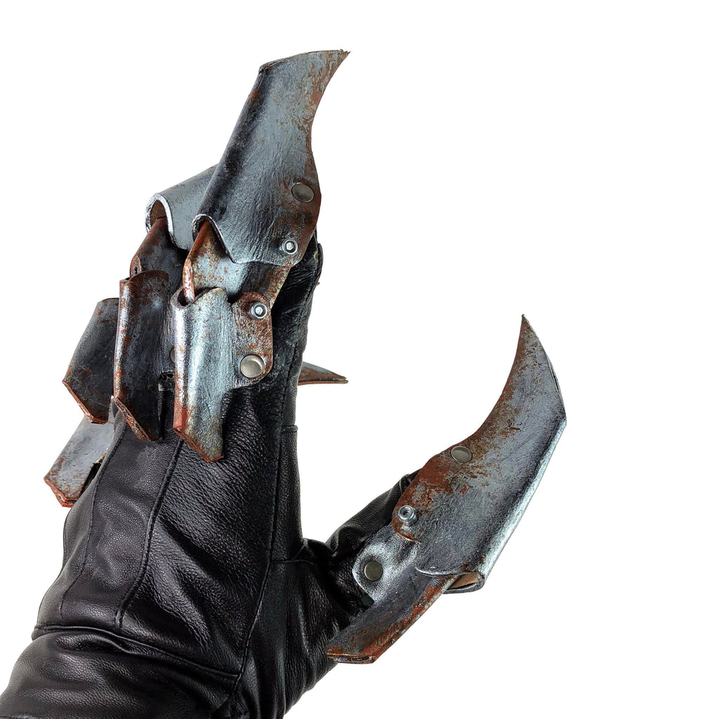 One Set of Two Handcrafted Genuine Leather Gloves with Claws in Rusted Metal Paint by Rockwell Masks