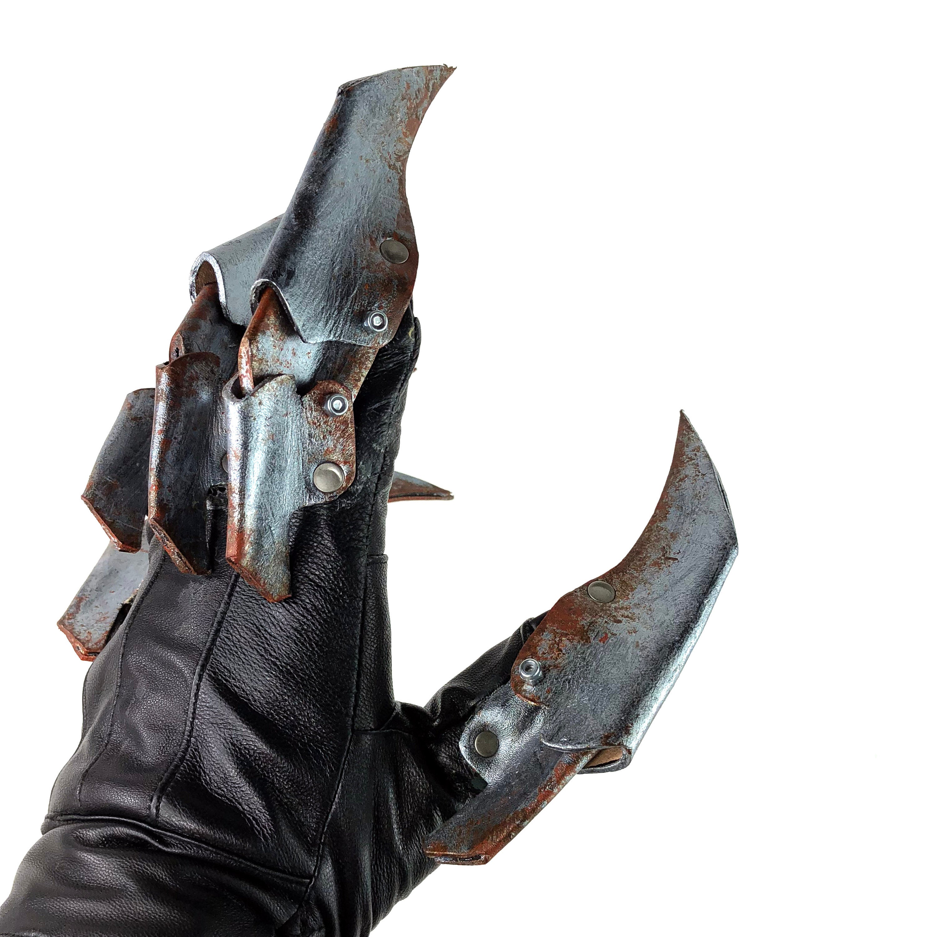 One Set of Two Handcrafted Genuine Leather Gloves with Claws in Rusted Metal Paint by Rockwell Masks
