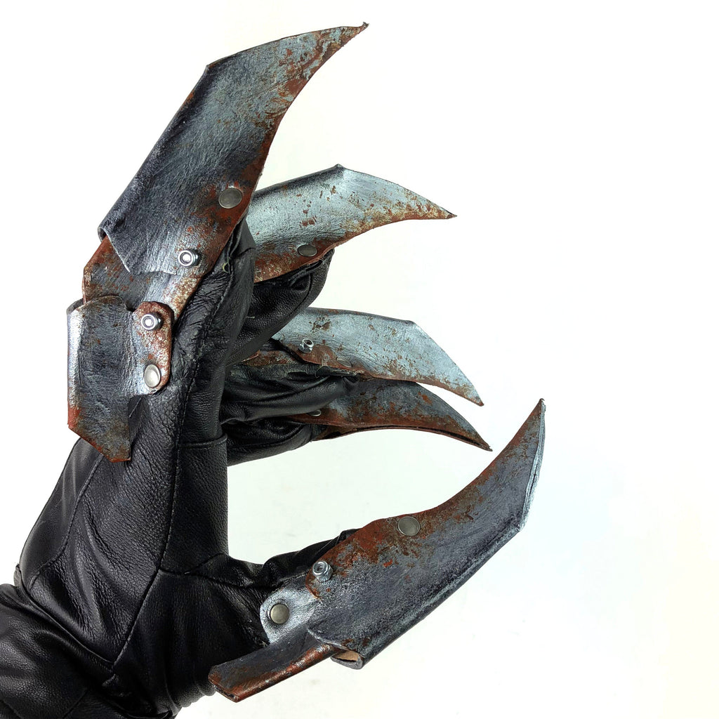 One Set of Two Handcrafted Genuine Leather Gloves with Claws in Rusted Metal Paint by Rockwell Masks