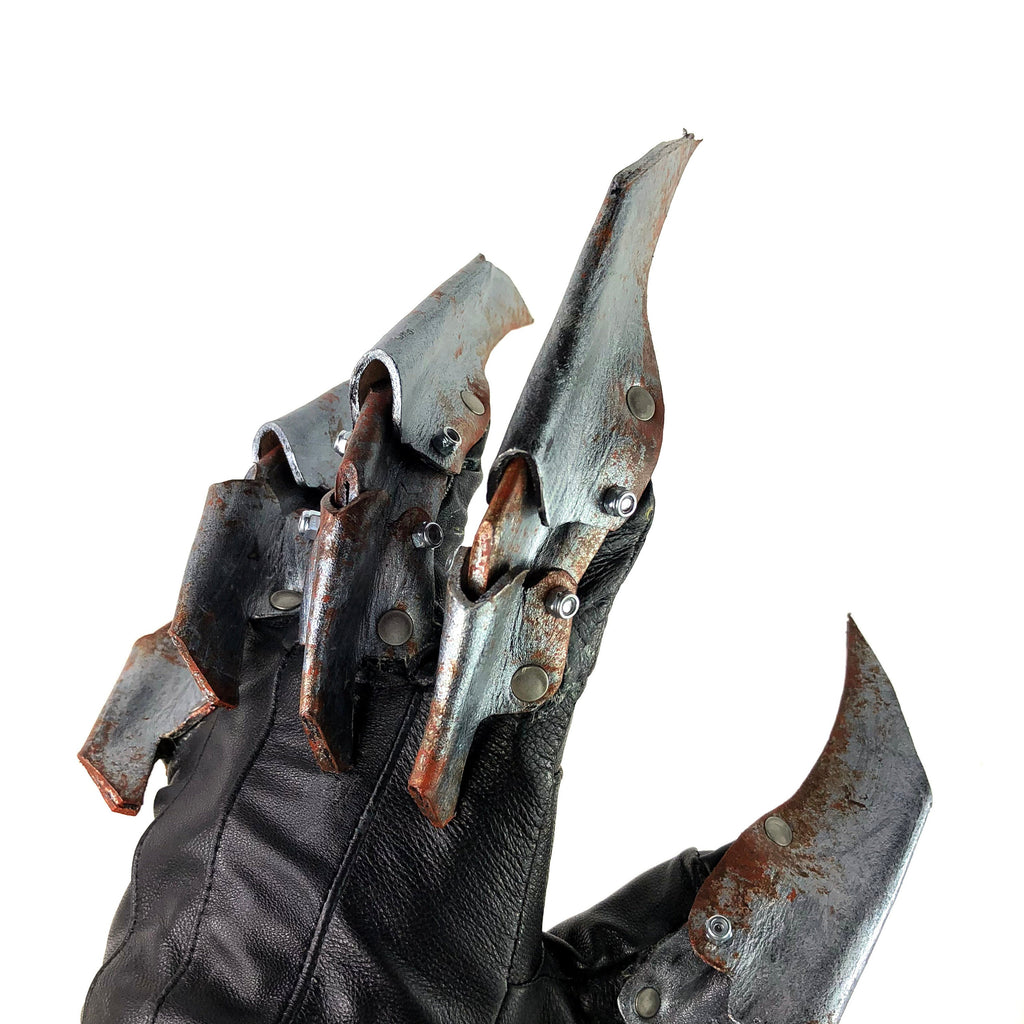 One Set of Two Handcrafted Genuine Leather Gloves with Claws in Rusted Metal Paint by Rockwell Masks