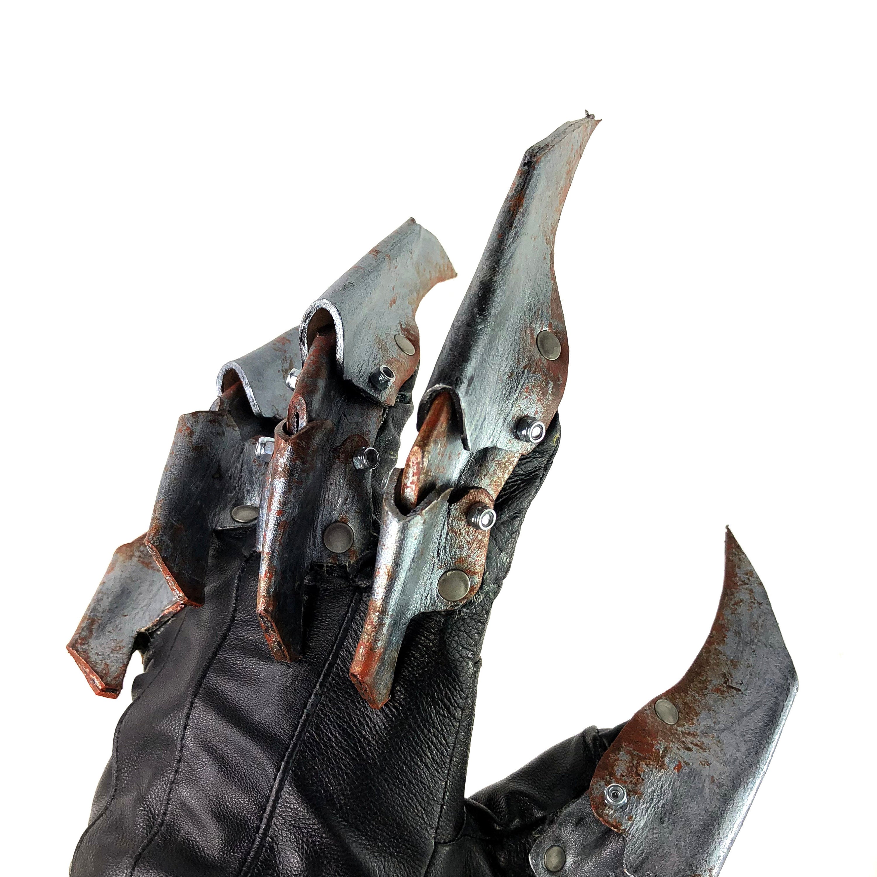 One Set of Two Handcrafted Genuine Leather Gloves with Claws in Rusted Metal Paint by Rockwell Masks