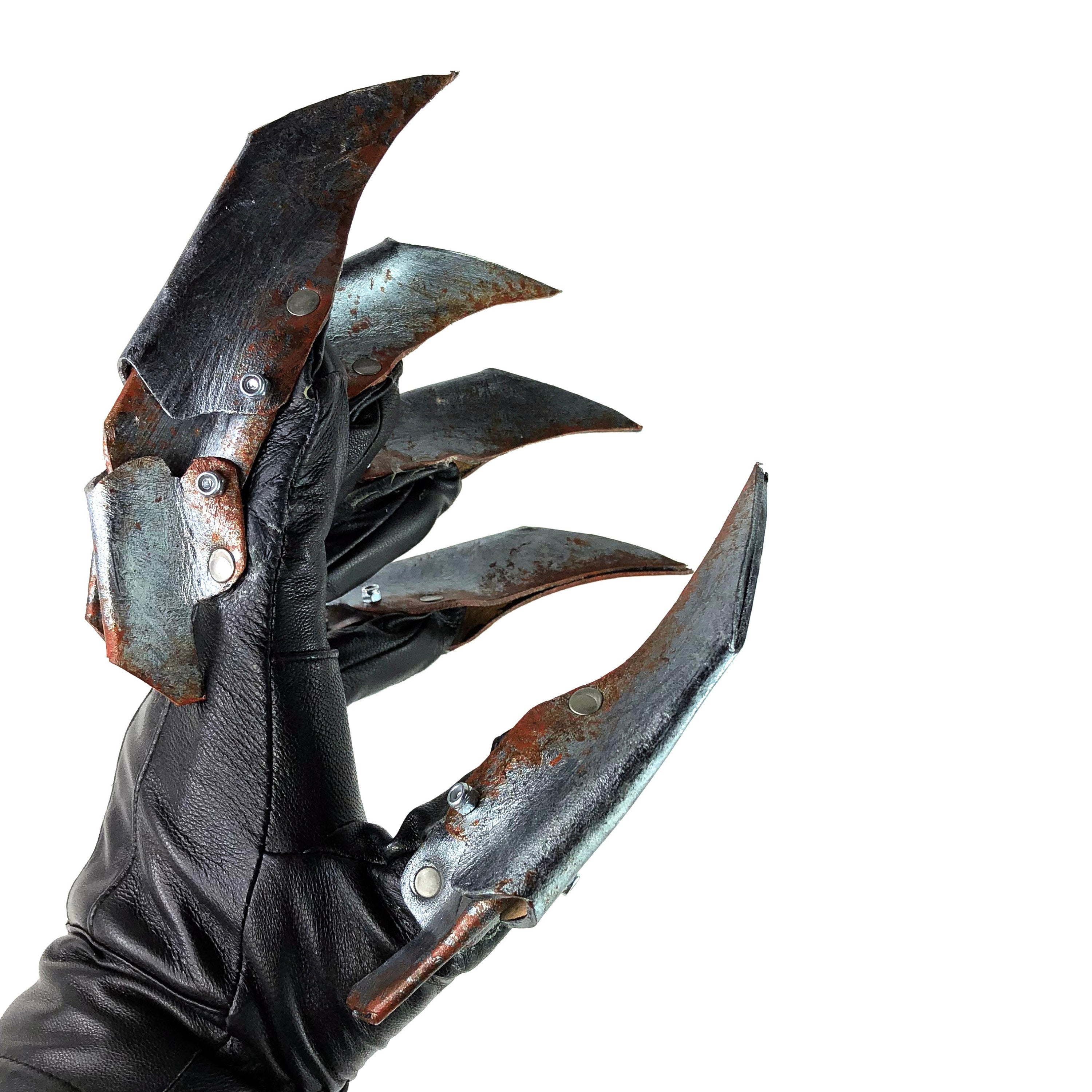 One Set of Two Handcrafted Genuine Leather Gloves with Claws in Rusted Metal Paint by Rockwell Masks