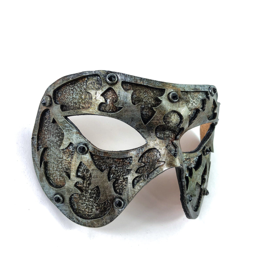 Dual Layer Handmade Genuine Leather Mask in Silver Rust with Swarovski Crystals by Rockwell Masks