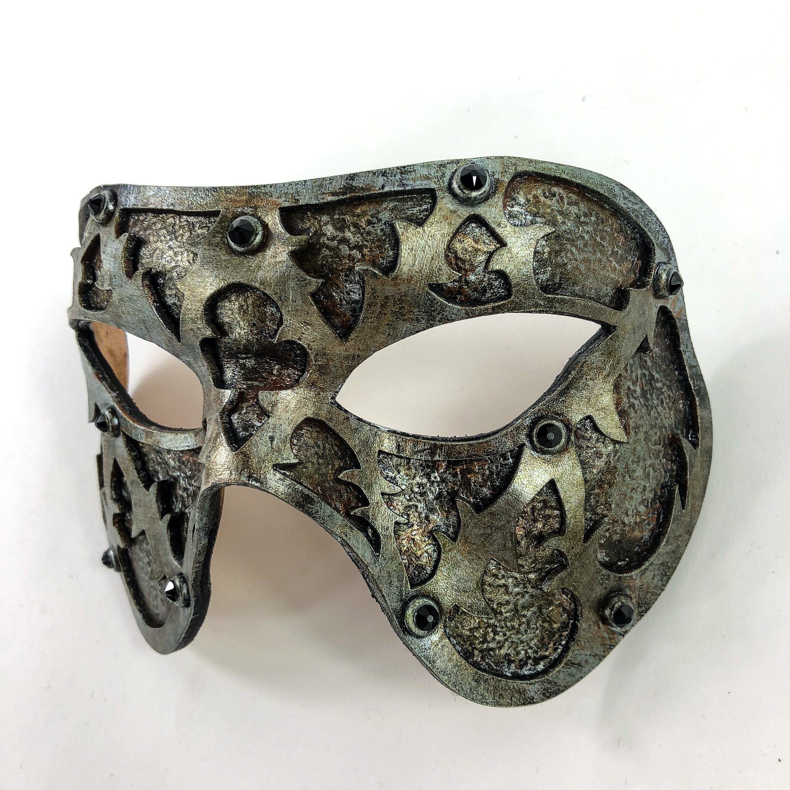 Dual Layer Handmade Genuine Leather Mask in Silver Rust with Swarovski Crystals by Rockwell Masks